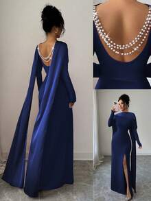 Elenzga Satin Ribbon Back Hollow Pearl Multi-Layer Chain Embellished Long Sleeve Cinched Waist Mermaid Slit Knit Dress, Stretchy Bodycon Party Holiday French Elegant Sexy, Red - Navy Blue - View 1