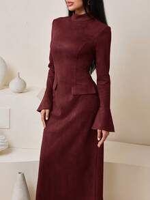 Veilorie 女士优雅纯色立领喇叭袖连衣裙 - 酒紅色 - 查看 3