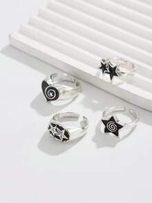 ROMWE Goth 4枚/套朋克风螺旋星形戒指，情侣可调节戒指套装 - 銀色4pcs-星星愛心螺旋 - 查看 3