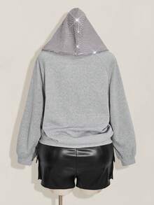 SHEIN ICON 大码女式长袖拉链亮片休闲卫衣/冬季 - 灰色 - 查看 2