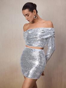 Modelyn 一套女士时尚长袖性感露肩上衣和裙子 - 銀色 - 查看 3