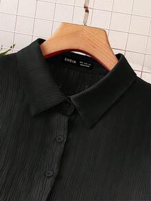 EMERY ROSE Conjunto de 2 piezas de camisa abotonada y pantalones de unicolor casual para mujer - Negro - Ver 5