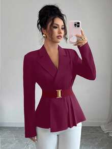 GlowEve Women's Elegant Notched Collar Cinched Waist Blazer Jacket, Suitable For Commuting In Autumn - Red Violet - View 4