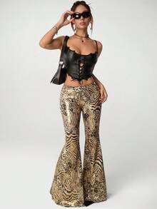 SHEIN ICON 女式 Y2K 银色佩斯利印花金属图案低腰修身喇叭裤，复古千禧性感 - 銀色 - 查看 8