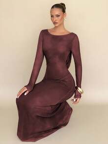 Rafferiza Chain Decor Backless Sexy Brown Mid-Length Dress For Women - Brown - View 3