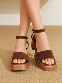 Styleloop Sandalias de tacón alto con suela gruesa para mujer, estilo bohemio para vacaciones - Marrón - Ver 6