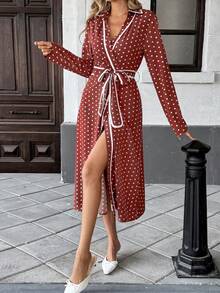 SHEIN PariChic Váy dài tay chấm bi cho nữ, mùa thu - Màu Đỏ Sâu - Xem 5