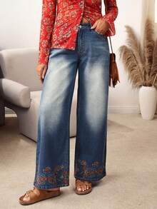 EMERY ROSE Quần jean ống rộng thêu hoa thường ngày cho nữ - Màu xanh lam - Xem 1