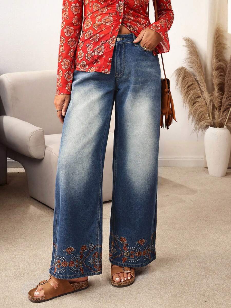 EMERY ROSE Quần jean ống rộng thêu hoa thường ngày cho nữ - Màu xanh lam - Xem 1