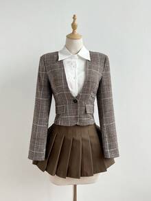 Elamini Women's Autumn/Winter Houndstooth Patchwork Waist Cinched Long Sleeve Blazer Jacket