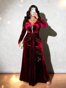 Viva Relle 大码女士优雅派对/婚礼宾客轻盈连衣裙，V领长袖，奢华珍珠和水钻装饰，收腰设计，鱼尾裙摆，红色 - 酒紅色 - 查看 3