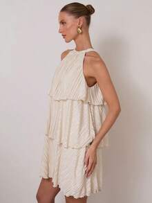 COSMINA Women's Cream Color Multi-Layer Ruffle Neck Short Autumn Winter Sexy Elegant Occasion Party Evening Christmas NYE Thanksgiving Dress - Apricot - View 6