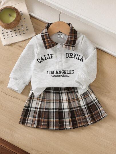 SHEIN 2pcs Baby Girl Collared Letter Embroidered Sweatshirt + Plaid Pleated Skirt Cute Set, Sweet Korean Style Casual Versatile Pullover Long Sleeve Sweatshirt With Buttoned Front Paired With Elastic Waist Plaid Mini Skirt, Suitable For Autumn/Winter Daily Outings Or Travel & Christmas