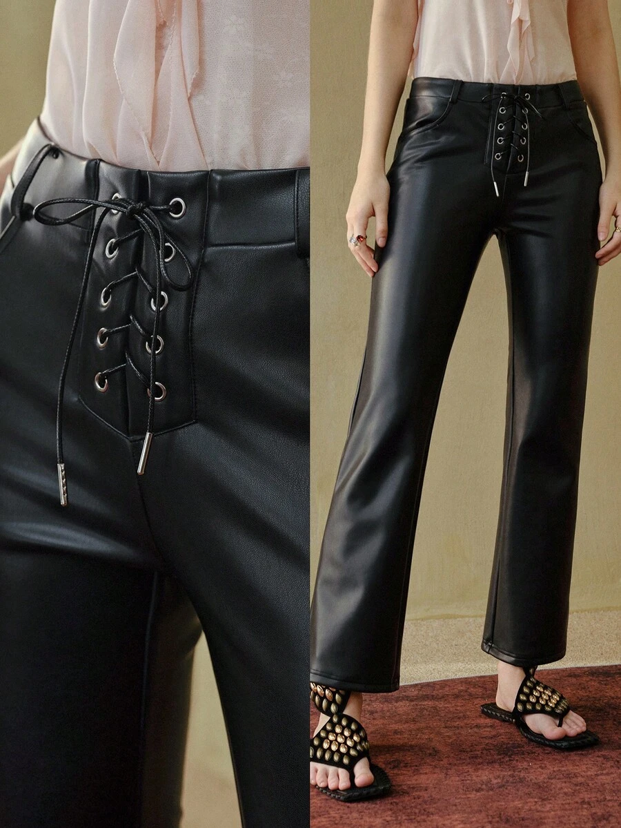 MOTF STUDIO PU 皮革系带低腰喇叭裤 - 黑色 - 查看 1