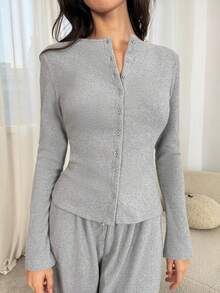 SHEIN Tall 女士纯色长袖单排扣上衣和裤子休闲两件套 长袖家居服套装 女士家居服两件套 女士保暖家居服 灰色两件套 女士长袖家居服套装 - 灰色 - 查看 6