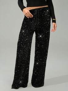 SHEIN Tall 女式黑色天鹅绒闪亮亮片休闲/音乐会/鸡尾酒会/夜间外出/狂欢节抽绳阔腿裤 - 黑色 - 查看 8