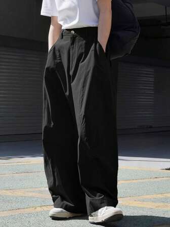 Manfinity Roghcode Men's Casual American Street Style Minimalist Solid Color Side Pocket Loose Wide Leg Pants Casual Black Long Wide-Leg Pants For Men In Durable Woven Fabric With Plain Design Men Baggy Pants Men Wide Leg Pants Men Loose Fit Pants Men Oversized Pants Japanese Pants For Men Men Korean Pants Men Wide Pants Men Baggy Wide Pants, Fall