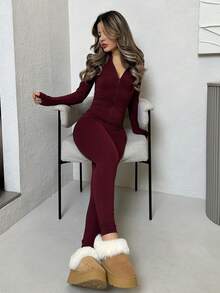 Jemour Black Two Pieces Set Sportswear Zip Up Jacket & Leggings - Burgundy - View 5