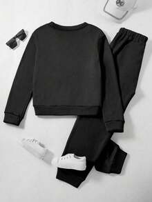 SHEIN Sparklyn 2件套少女字母图案圆领长袖上衣和裤子套装 - 黑色 - 查看 2
