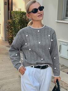 Vivie Lora Suéter de mujer con cuello redondo, parches y bolas de pelo en contraste de color - Gris - Ver 2