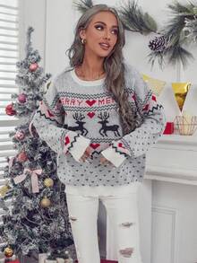 EMERY ROSE Christmas Casual Reindeer & Heart Pattern Sweater, Autumn/Winter - White - View 4