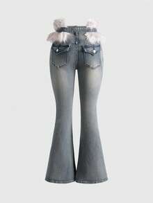 ROMWE Grunge Punk Quần jeans ống loe Y2K Babe kèm thắt lưng lông - Rửa tối - Xem 2