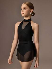 SHEIN Bộ đồ múa ba lê 2 mảnh + váy cho bé gái tuổi vị thành niên, bộ đồ múa ba lê hở lưng bằng lưới mềm mại, ôm sát, co giãn cao, xẻ chữ V sâu, có chân váy lưới bồng bềnh, co giãn thoải mái, thân thiện với da, thích hợp cho khiêu vũ mùa hè, yoga, thể dục dụng cụ - màu đen - Xem 5
