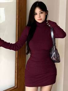 FRIFUL Vestido corto para mujer, temporada de regreso a clases - Burdeos - Ver 2