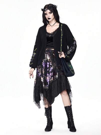 Goth Vintage Snake Embroidery Black Knit Cardigan For Women, Loose V-Neck Lantern Sleeve Casual Sweater Jacket, Autumn