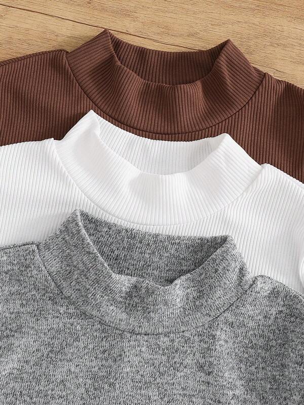 SHEIN Set de 3 camisetas de punto de cuello redondo de manga larga y unicolor para niños, 3 estilos diferentes, adecuadas para ir y venir, la escuela, el día a día, las vacaciones, los deportes, otoño/invierno