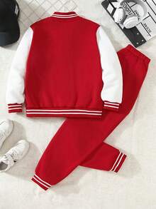 SHEIN Vacaura 2pcs/Set Boys' Red Festive Street Casual Collegiate A-Letter Varsity Jacket And Sweatpants, Spring/Autumn/Winter - Red - View 2