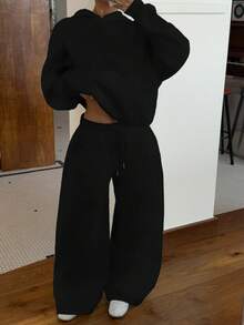 SHEIN EZwear Women's Autumn/Winter Thermal Lined Hoodie And Relaxed Fit Sweatpants Set Black Two Piece Set Women Two Piece Set Women Comfy Modest Two Piece Set - Black - View 6