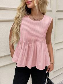 SHEIN LUNE Women's Casual Pleated Sleeveless White Cotton Blouse 100% Cotton Tops Pink Cotton Tops Summer Cotton Tops Cotton Sleeveless Tops Pink Summer Blouses Pink Tops Cotton Blouses Summer Tops Pink Summer Tops
