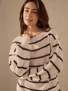 SHEIN LUNE 休闲撞色条纹蝙蝠袖毛衣，秋冬款 - 彩色 - 查看 3