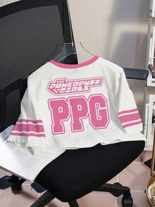 THE POWERPUFF GIRLS X SHEIN 女士休闲可爱花朵图案圆领短袖T恤，夏季 - 白色 - 查看 2