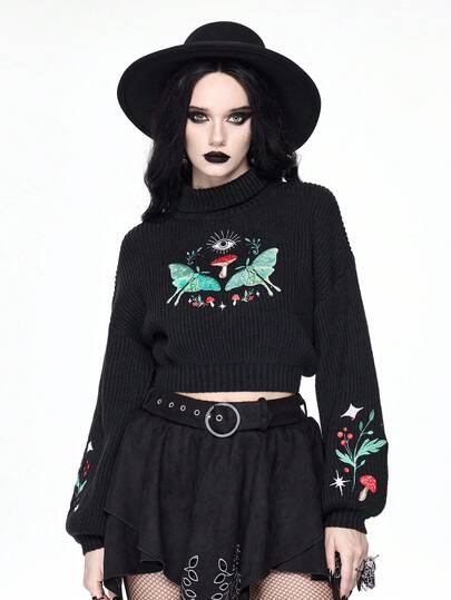 Goth Suéter de mujer con bordado de seta y luna creciente en estilo gótico