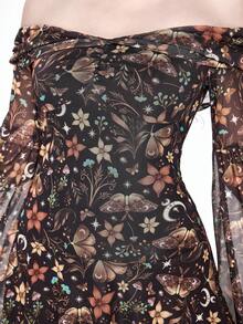 ROMWE Váy xòe hở vai họa tiết lá héo, bướm đêm, hoa, sao và nấm cổ điển Gothic - Nhiều màu - Xem 2