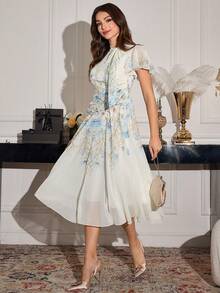 Modelyn Tie-Up Waist Ruched Placement Print Flare Dress For Women - Baby Blue - View 3