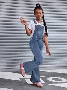 SHEIN 少女时尚休闲 Y2K 复古酷炫街头返校学院风舒适立体蝴蝶结包包蓝色牛仔弹力紧身肩带喇叭牛仔裤，适合少女日常穿着、秋冬季派对和街头服饰。 - 藍色 - 查看 3