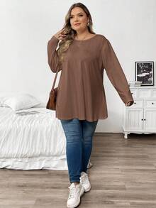 SHEIN CURVE+ Damen Große Größen Einfarbiges Rundhals Langarm Lässiges Loose Fit T-Shirt
