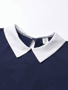 SHEIN ChillGRL 1 buah Gaun Streecool untuk Remaja Perempuan dengan Kerah Model Flare dan Blok Warna - Navy Blue - View 3