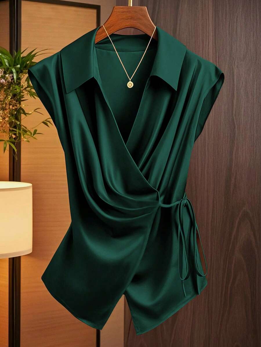 GlowEve Áo cánh không tay buộc nơ cổ xếp ly phía trước cho nữ - Màu xanh lá cây đậm - Xem 1
