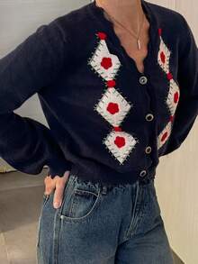 Vivie Lora Women's Geometric Rhombus Pattern Cardigan - Black - View 3