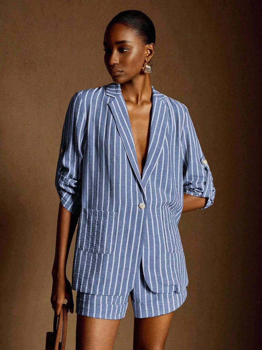 Écloséra French Retro Minimalist Commuter Casual Comfortable Linen Striped Notched Collar Single-Breasted Rolled-Up Sleeve Women Blazer - Navy Blue - View 1