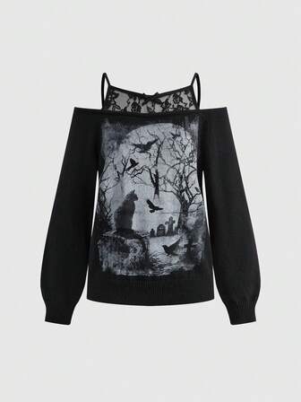Goth Maglione lavorato a maglia ampio con stampa di gatto misterioso, albero nudo e sagoma di pipistrello, con inserti in pizzo, spalla obliqua e maniche lunghe