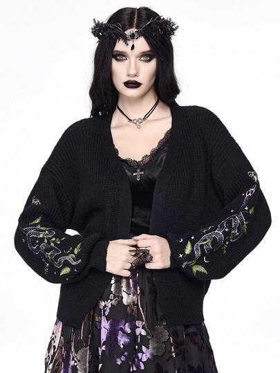 Goth Vintage Snake Embroidery Black Knit Cardigan For Women, Loose V-Neck Lantern Sleeve Casual Sweater Jacket, Autumn