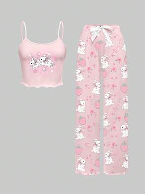 Kawaii Cute Rabbit All-Over Print Camisole & Pants Pajama Set, Casual Loungewear
