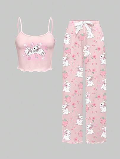 Kawaii Ensemble pyjama camisole et pantalon imprimé lapin mignon, tenue de détente casual