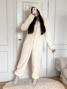SHEIN EZwear 女士新款纯色长袖拉链连帽毛绒连体衣 - 米色 - 查看 3
