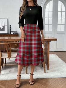 EMERY ROSE 女士休闲简约红黑格子印花中长连衣裙，适合秋冬季、圣诞节、新年、跨界派对、聚会、圣诞驯鹿主题活动、圣诞聚会、家庭聚会、亲子装、情侣装、姐妹装等场合。 - 彩色 - 查看 4